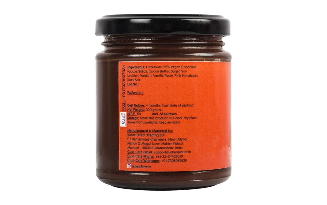 Urban Platter 55% Dark Chocolate Hazelnut & Vanilla Spread   Glass Jar  200 grams
